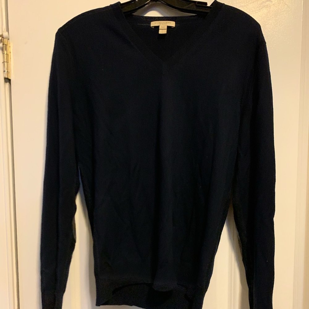 Dark Blue V Neck Burberry Cotton Sweater